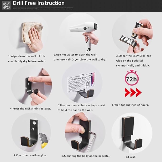 BESy Brass Clothes Hook Single Towel Hook for Bathroom Kitchen Garage Square Style Robe Hooks Coat Hooks Hat Hook, Self Adhesive with Glue or Wall Mounted with Screws, Four Packs, Matte Black-NeatNest