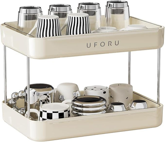 Countertop Coffee Station Organizer, 2 Tier Wine Glass Holder, Mug Shelf with Removable Drain Tray, Spice Rack for Kitchen, Bathroom Countertop Organizer, Cream White-NeatNest