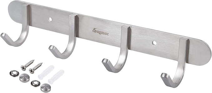 Coat Hook Rack Brushed Nickel 10.6-Inch Coat&Towel Hook Rail Wall Mounted with 4 Hooks, Durable Wall Hangers for Bedroom, Bathroom, Foyer, Hallway (SUS304 Stainless Steel)-NeatNest