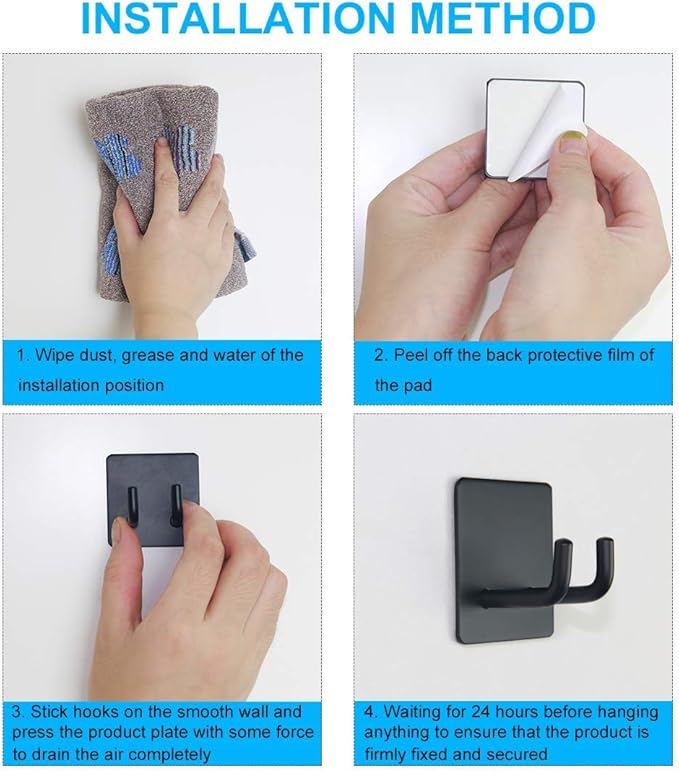 Adhesive Hooks, Bathroom Wall Towel Hooks, Black Stick Shower Razor Holder, Stainless Steel Door Hangers for Coat Loofah Robes Self Adhesive Organizer for Kitchen