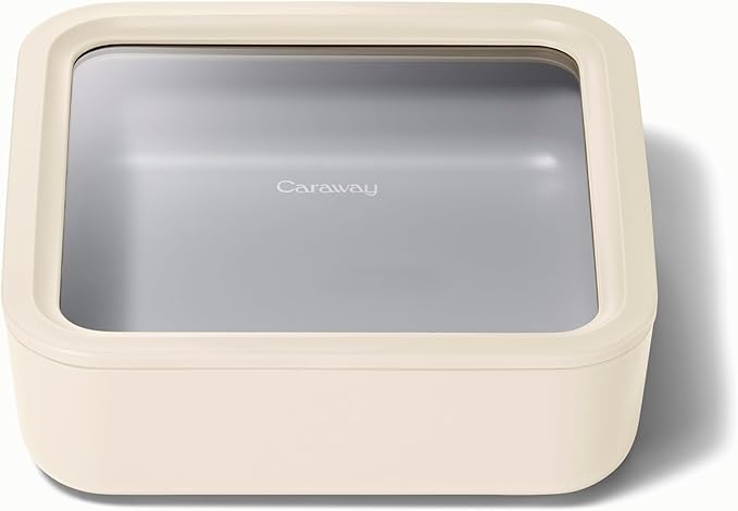 Caraway Glass Food Storage, 10 Cup Glass Container,Ceramic Coated Food Container,Easy to Store, Non Toxic, Non Stick Lunch Box Container with Glass Lids. Dishwasher, Oven,Square Shape,Cream-NeatNest