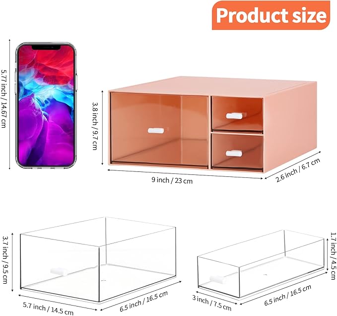LETURE Desk Office Stationery Organizer with 3 Drawers, Desktop Vanity Makeup Organizer, Plastic Sundries Cosmetic Storage Organizer for Bathroom Counter or Dresser (Pink-3 Drawer)-NeatNest