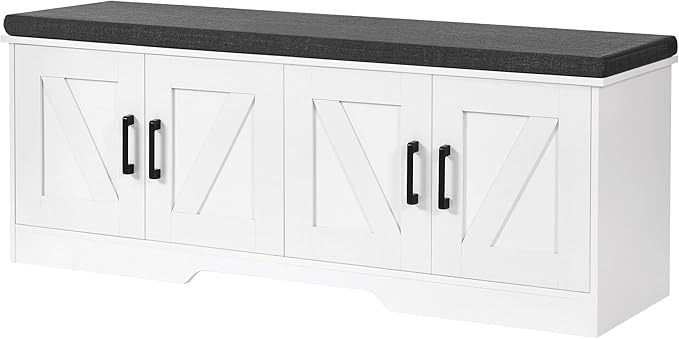 2-Tier Storage Bench, Shoe Bench with Padded Seat Cushion, Entryway Bench with 4 Barn Doors, Adjustable Shelf, 13.8" D x 47.2" W x 17.7" H, for Entryway, Living Room, Bedroom, White-NeatNest