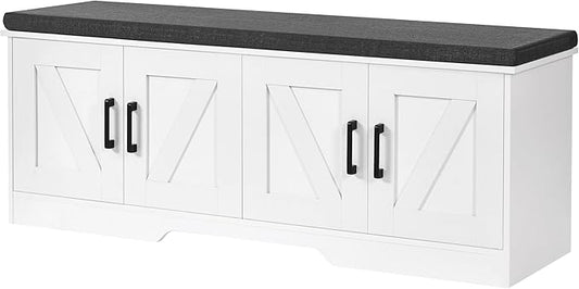 2-Tier Storage Bench, Shoe Bench with Padded Seat Cushion, Entryway Bench with 4 Barn Doors, Adjustable Shelf, 13.8" D x 47.2" W x 17.7" H, for Entryway, Living Room, Bedroom, White-NeatNest