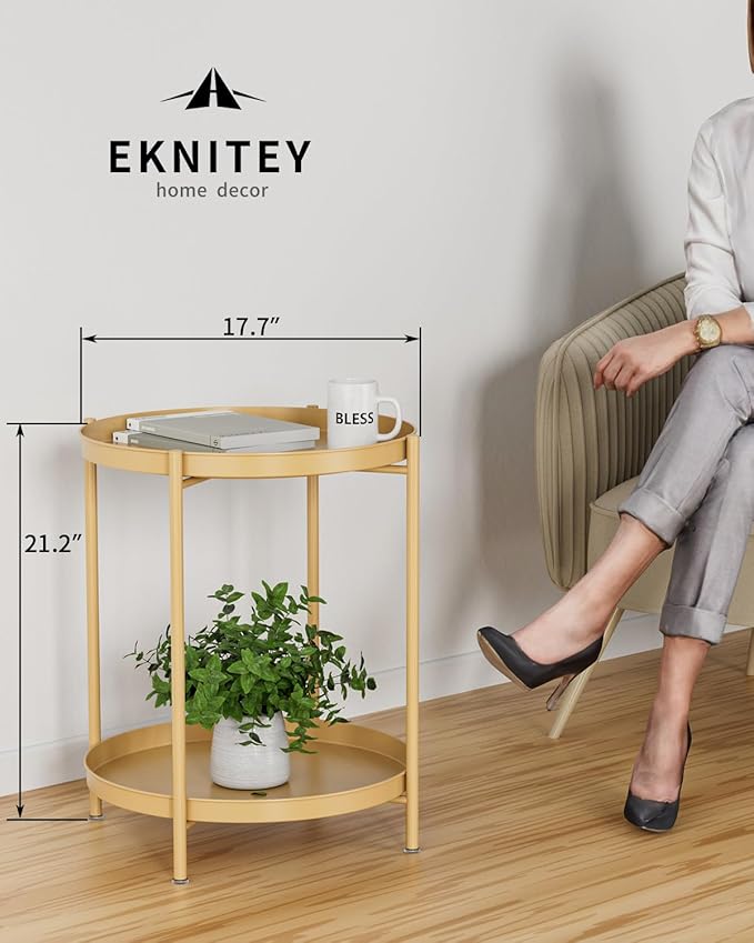 EKNITEY 2 Tier Side Table - Metal end Table Waterproof Small Sofa Coffee Side Tables Bedroom Indoor Outdoor with Removable Tray for Living Room Bedroom Balcony and Office-NeatNest