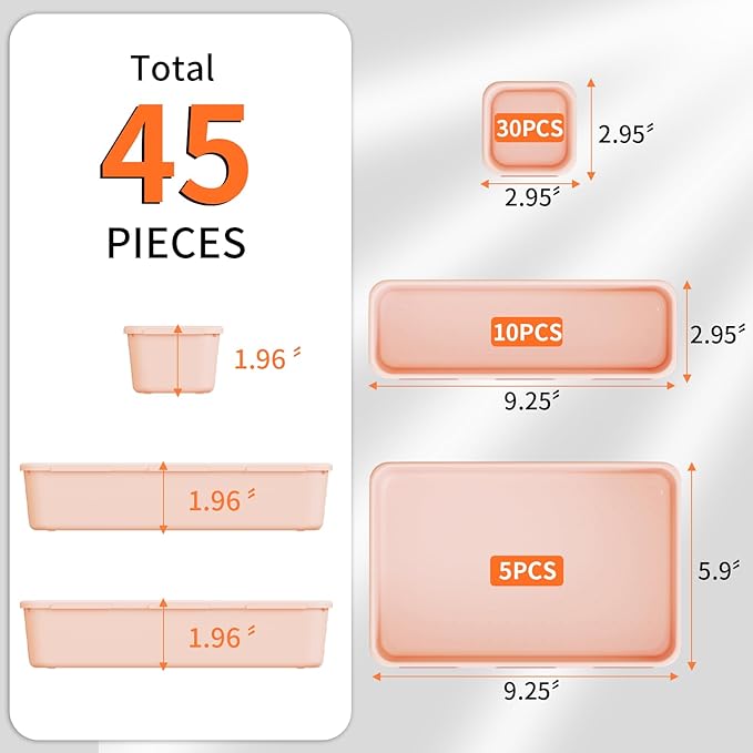 45 Pack Pink Plastic Drawer Organizer Trays - 3-Size Storage for Kitchen, Bathroom, Office, Vanity, Makeup, Utensils, Junk Drawer Organizer Bins, Gadget Trays-NeatNest