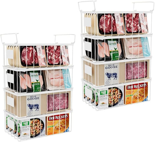 Freezer Storage Organize Baskets - 8 Pack Stackable Deep Freezer Organizer Bins for Most 7 Cu.FT Chest Freezer with Handles, Sturdy but Light, Metal Coated, Add Space, Easy to Reach
