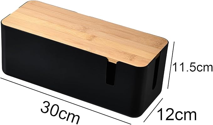 Changsuo Cable Management Box with Bamboo Lid Small Cable Organizer Box for Extension Cord Power Stripe Surge Protector Wire Management Concealer Organizer Cover Hider (Black)