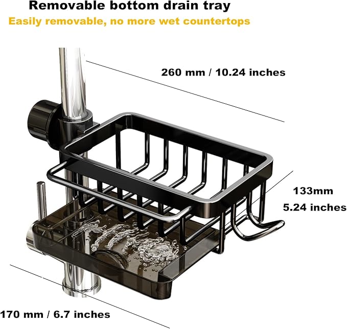 Sink Organizer Rack for Kitchen and Bathroom, 2024 New Stainless Steel Detachable Hanging Faucet Drain Rack with Drip Tray Faucet Sponge Holder for Bathroom (Black, Right)