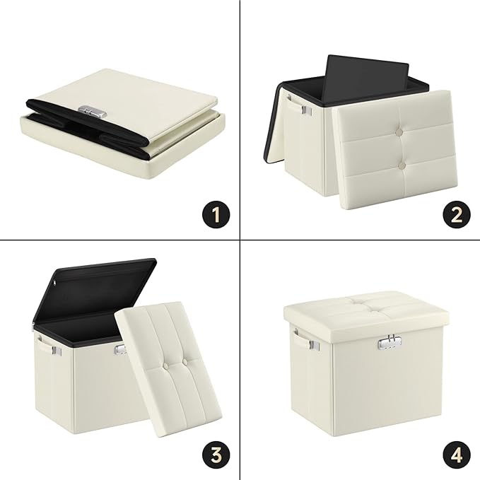 DocSafe Storage Ottoman with Lock,Fireproof＆Waterproof 17 Inches Folding Storage Box with Handles Safe for Important Documents,Leather Storage Ottoman Storage Chest for Living Room,Bedroom,Beige-NeatNest