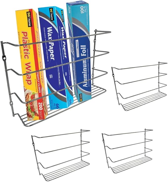 Evelots Kitchen Wrap Organizer - 4 Pack - Hold up to 4 Plastic, Foil, Paper, Wax - Cabinet Door, Wall Rack Basket - Sandwich, Freezer, Food Bag Storage - Laundry Supplies - Chrome Finished Metal