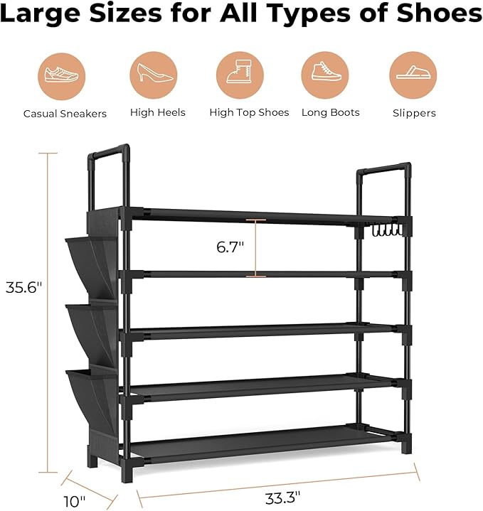 5 Tier Shoe Rack, Shoe Organizer Storage for 20-25 Pair Boot and Sneaker, Stackable Free Standing Shoe Shelf with Hooks and Side Pocket, Space Saving Shoes Rack for Closet, Entryway-NeatNest