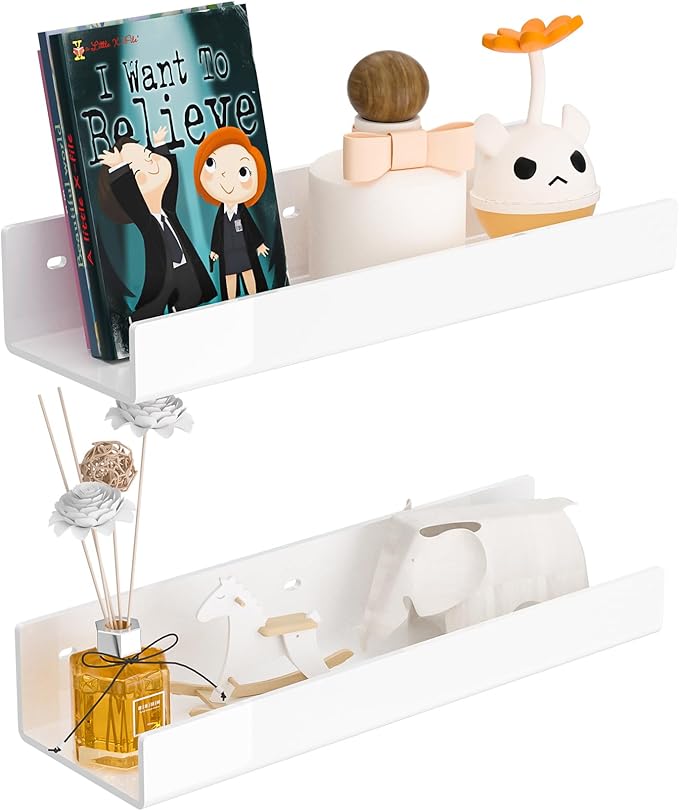 12 Inches White Acrylic Wall Shelves 2 Pack, Acrylic Bookshelf for Wall. Wall Mounting Shelf for Living Room-NeatNest