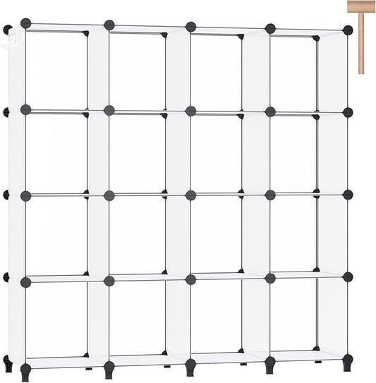 DINMO 16 Cubes Storage Organizer, Bookcase, Display Shelf with Wooden Mallet, Cabinet Storage for Kids, Adult, Office, Bedroom, Bathroom, White-NeatNest