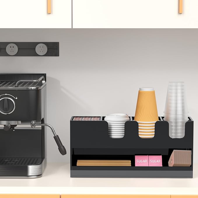 Coffee Condiment and Cup Organizer - 2-Tier Upright Cup and Lid Holder with Straw Organizer 5 Compartments Black Acrylic Cup Dispenser for Restaurant Breakroom Coffee Station Countertop-NeatNest