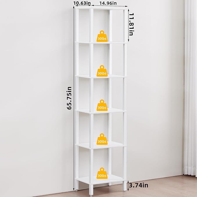 66in Tall Bookshelf 6-Tier Small Narrow Bookcase, Skinny Book Shelf for Small Space, Farmhouse Slim Shelf with Storage, Wood Freestanding Display Thin Bookshelves for Living Room, Office, White