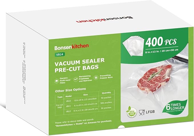 Bonsenkitchen Vacuum Sealer Bags,400 Quart 8" x 12" Precut Food Sealer Bags, Commercial Grade, BPA Free, Heavy Duty, Customized Size Vacuum Bags for Vac Storage, Meal Prep or Sous Vide Cooking, VB14-NeatNest