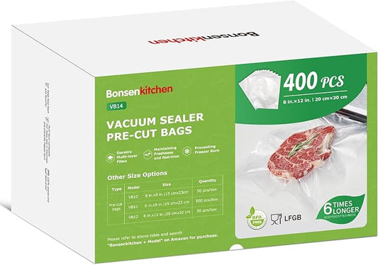 Bonsenkitchen Vacuum Sealer Bags,400 Quart 8" x 12" Precut Food Sealer Bags, Commercial Grade, BPA Free, Heavy Duty, Customized Size Vacuum Bags for Vac Storage, Meal Prep or Sous Vide Cooking, VB14-NeatNest