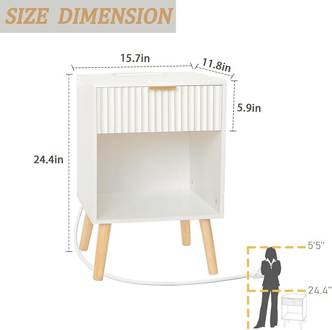 White Nightstand with Charging Station, Mid Century Modern Bedside Table with Drawers and Outlet,Side Tables Living Room, Wooden Night Stand for Bedroom, Office (White)