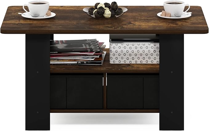 Furinno Andrey Coffee Table with Bin Drawer, Amber Pine/Black Small Non-Lift Top-NeatNest