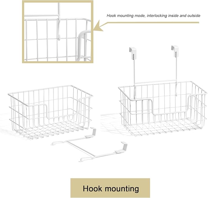 Wire Storage Basket 2 Packs, Wall Mounted Kitchen Bathroom, Hanging Cabinet Door Storage Basket, no Drilling, Supporting 2 Types of Hooks, Strong Bearing, Suitable for Home, White
