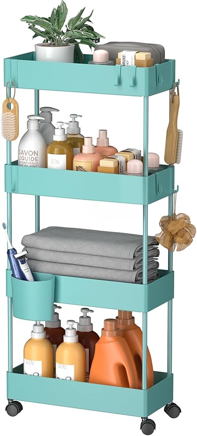 Pipishell Slim Storage Cart with Wheels, 4 Tier Bathroom Storage Organizer Rolling Utility Cart for Bathroom Kitchen Laundry Room Office Narrow Place (Turquoise)-NeatNest