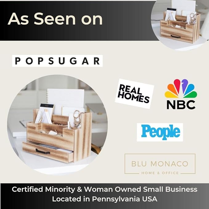 BLU MONACO Natural Wood Mail Organizer with Drawer, 5 Compartments, Desk Organizer for Women Office Desk Organization, 12.9x5.7x9 inches, 4.1 pounds-NeatNest