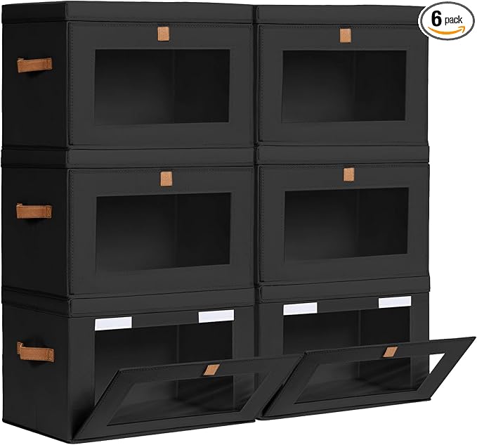 Collapsible Storage Bins - Large Stackable Organizer Bins, Decorative Boxes with Handles & Window, Fabric Containers for Living Room, Closet, Dorm, 6 Pack, Black-NeatNest