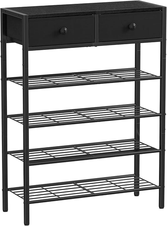 Shoe Rack for Entryway, 5 Tier Shoe Organizer with 2 Non-Woven Drawers, Metal Storage Shoe Shelf for 16-20 Pairs of Shoes, with Wooden Top and Steel Frame, Shoe Stand for Closet Charcoal-NeatNest