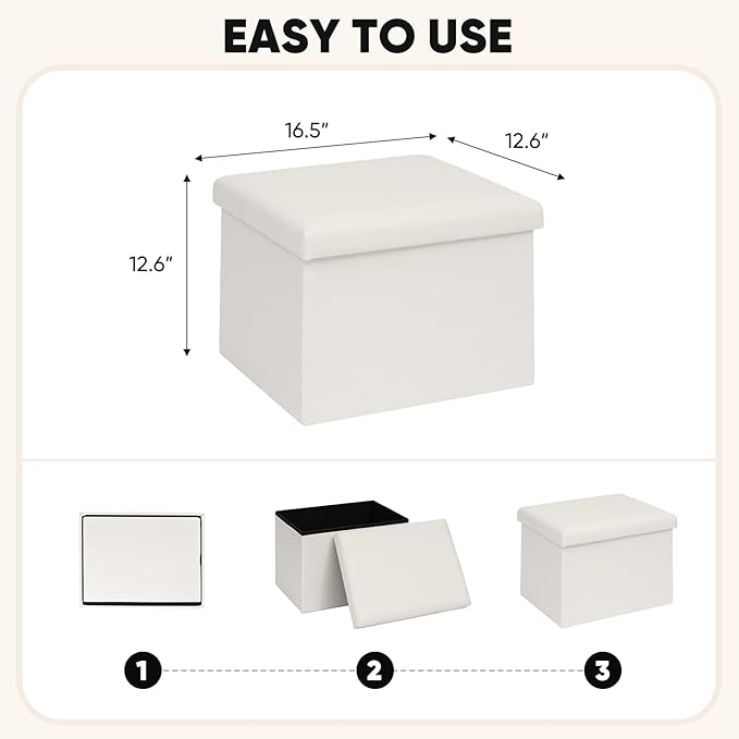 B FSOBEIIALEO Folding Storage Ottoman Cube Faux Leather Ottomans for Living Room, Bedroom, Home Office, Dorm Storage Footrest White 16.5"x12.6"x12.6"