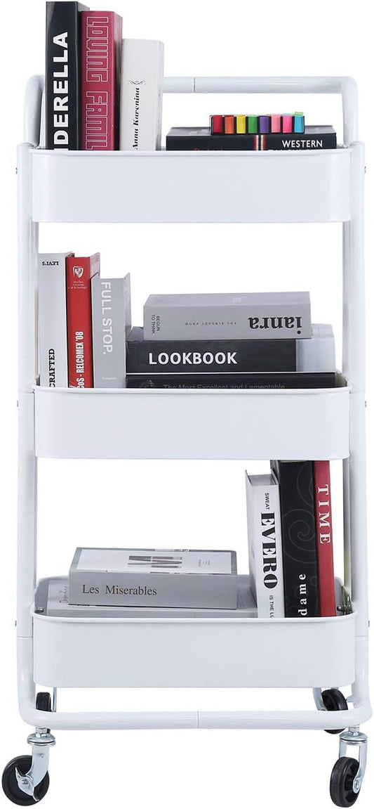 3-Tier Metal Mesh Rolling Cart Storage Organizer with Utility Handle and Wheels, White-NeatNest