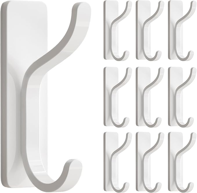 10-Pack Self Adhesive Wall Hooks for Hanging - 13 LB Strong Hold, Sticky Hangers for Coat, Towel, Purse, Keys, Bag - for Wall, Door, Bathroom, Shower, Dorm, Kitchen - Stainless Metal, White