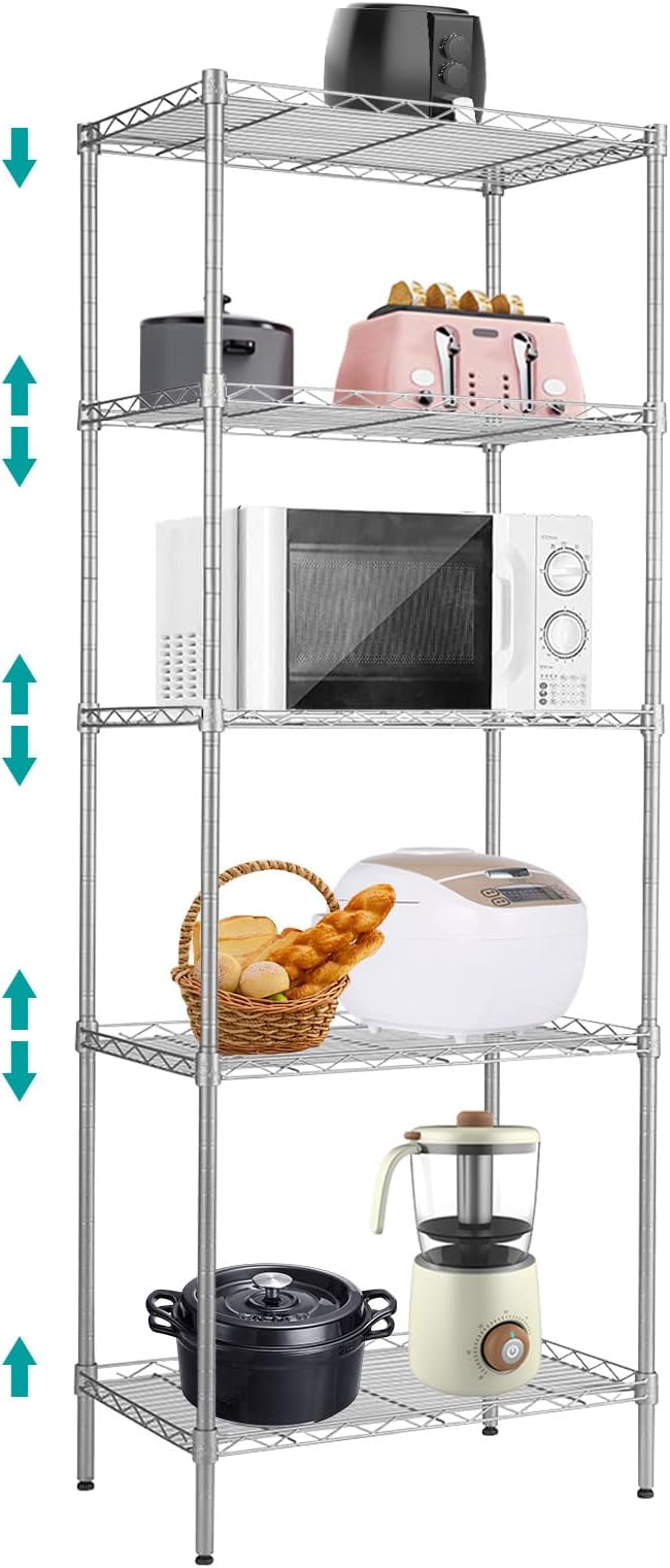 BNSPLY 5 Tier Wire Shelving Unit, Adjustable Wire Rack Shelving, Changeable Metal Wire Storage Shelves for Kitchen, Laundry, Bathroom, Balcony, Pantry (11.4" D x 21.3" W x 59" H, Silver)-NeatNest