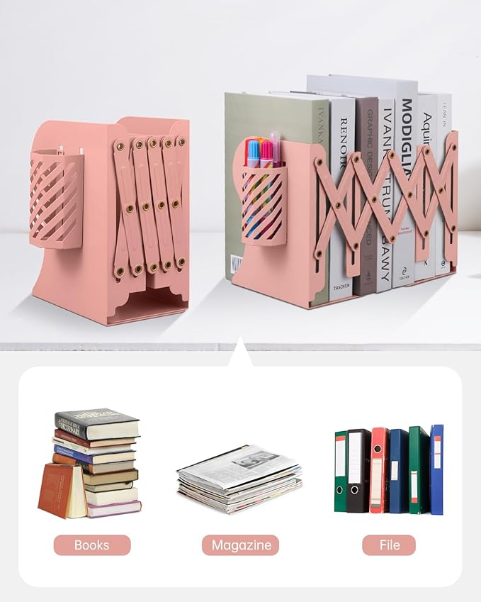 Honagu Adjustable Bookends, Metal Book Ends for Shelves Heavy Book, Desk Magazine File Organizer for Home, Office, Books, Papers, Extends up to 19 inches with Pen Holder (Pink)