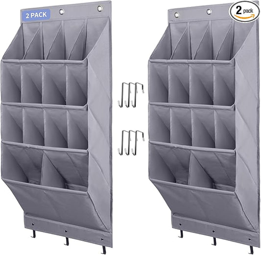 FENTEC 2 Pack Over the Door Shoe Organizer, Hanging Shoe Organizer Rack,24 Large Pockets and 4 Larger Storage Various Compartments with 6 Hooks, Home Accessories, Grey-NeatNest