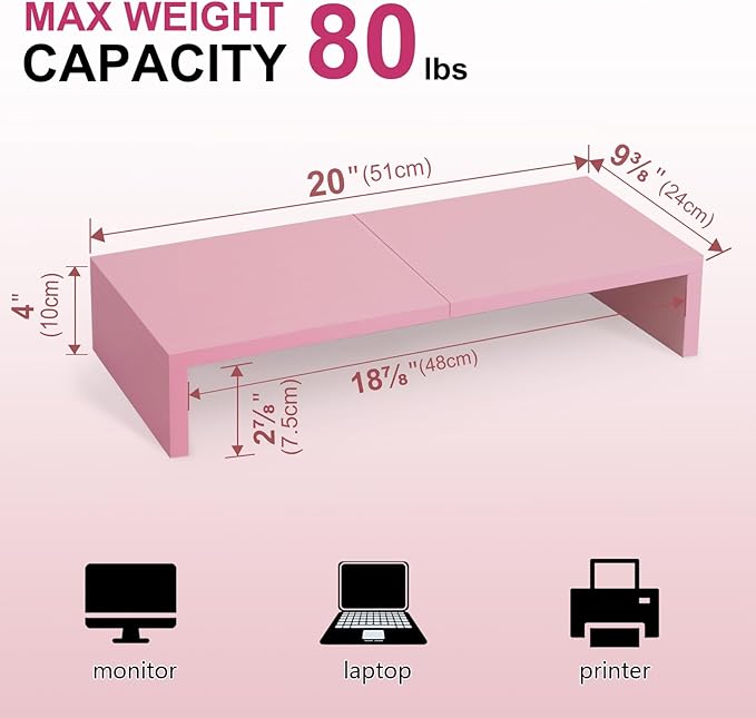 TEAMIX Pink Monitor Riser-20L inch, Wood Monitor Stand for Desk, Sturdy TV/Screen/PC/Printer/Laptop Riser,Computer Shelf with Storage TV Holder for Home Office (Pink, 20 inch)-NeatNest