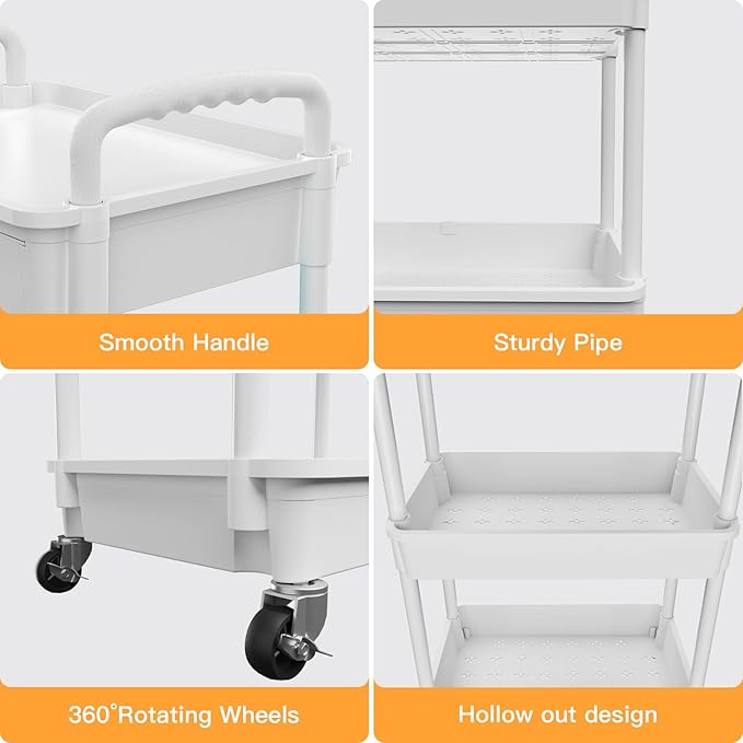 3 Tier Rolling Utility Cart with Drawer,REBECAT Utility Cart Made of Multifunctional Storage Organizer Tool for Kitchen,Bathroom,Living Room,Office(White)-NeatNest