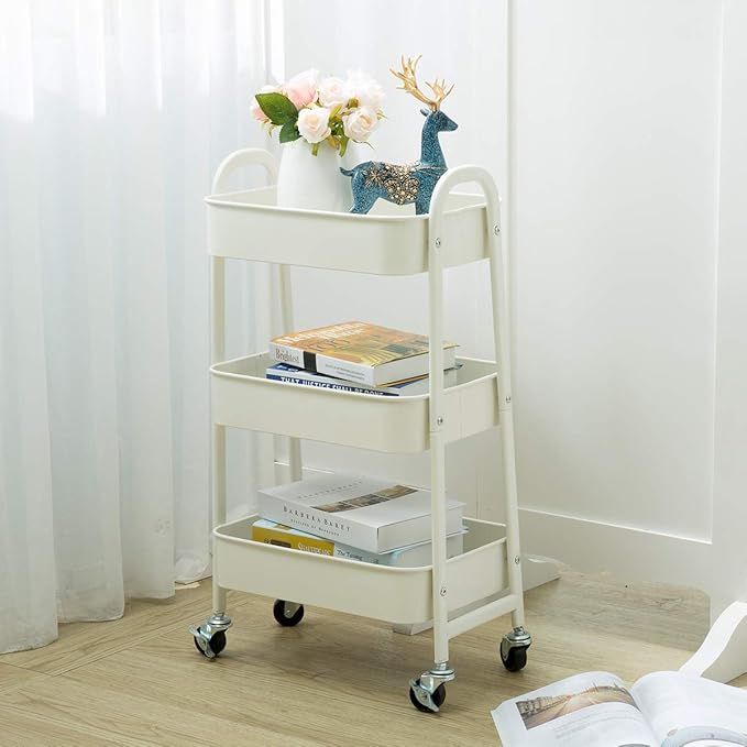 AGTEK Makeup Cart, Movable Rolling Organizer Cart, White 3 Tier Metal Utility Cart-NeatNest