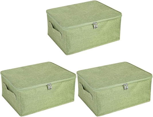 ANMINY 3PCS Storage Bins with Zipper Lids 13 Qt Lidded Fabric Storage Boxes Baskets Cubes with Handles Collapsible Washable Cotton Linen Closet Shelf Clothes Organizer Containers - Green, Small-NeatNest