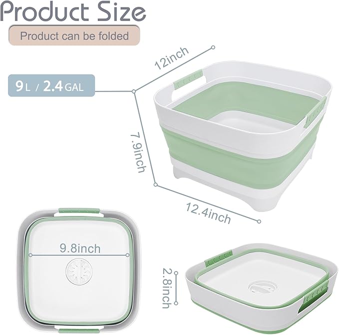 2.4 Gal Collapsible Wash Basin with Drain Plug, Space-Saving Portable Wash Tub, 9L Dish Pan for Soaking Baby Bottles and Pump Parts, Versatile Dish tub for Kitchen, RV, Outdoor Camping Sink (Green)-NeatNest
