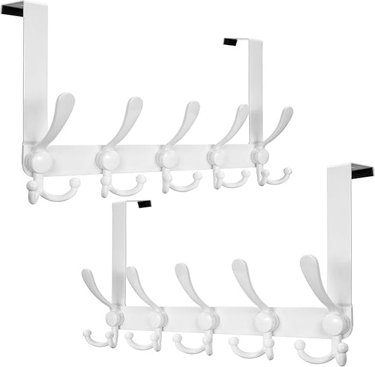 Dseap Over Door Hook 2.0 - Upgraded Version - Simple-Assembly, Strong, Heavy-Duty Stainless Steel 5-Tri-Hook Over The Door Hanger Rack, SimpleStrong Series, White, Pack of 2