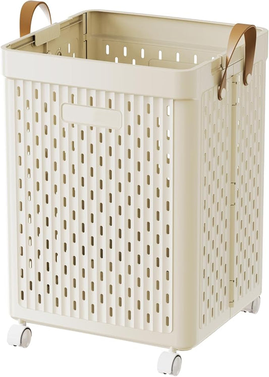 UAK Laundry Basket with Wheels, Collapsible Plastic Laundry Hamper with Handle, Foldable Laundry Basket Organizer for Laundry and Bathroom (Ivory, XXL)