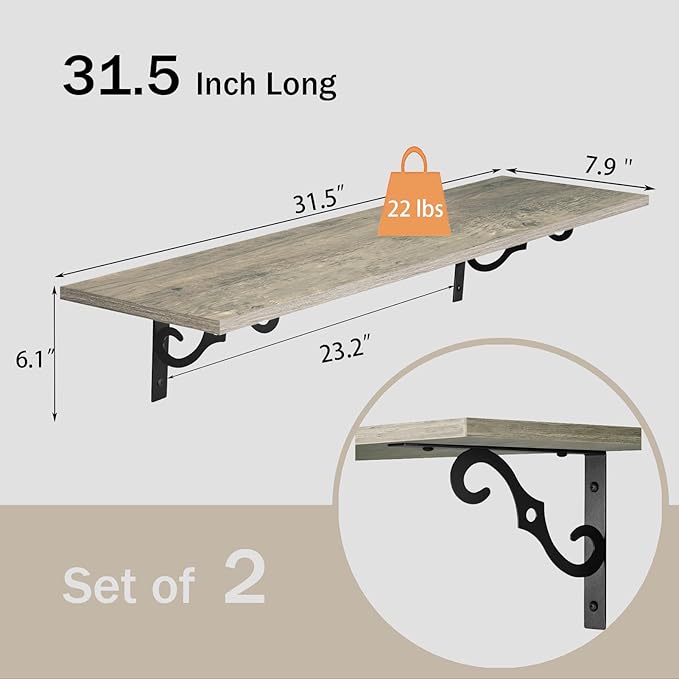 DINZI LVJ Long Wall Shelves, 31.5 Inch Large Floating Shelves Set of 2, Wide Display Shelf Wall Mounted with Brackets, Easy Hanging for Living Room, Toilet, Office, Bedroom, Gray Wash-NeatNest