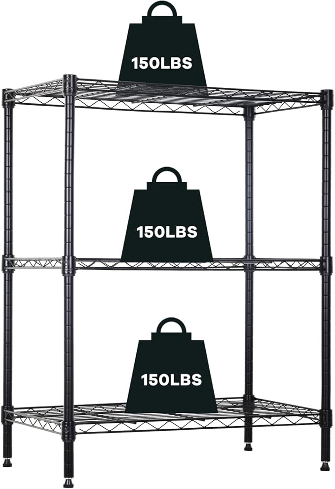 3-Tier Wire Shelving Unit Storage Shelves Shelf Organizer 30"x23"x12" Heavy Duty Metal Storage Rack Wire Rack NSF Height Adjustable for Laundry Bathroom Kitchen Garage Shelving(Black)