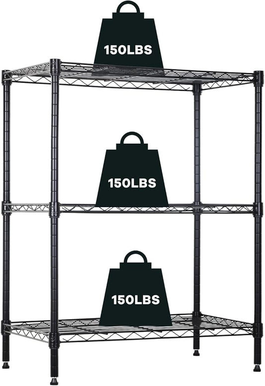 3-Tier Wire Shelving Unit Storage Shelves Shelf Organizer 30"x23"x12" Heavy Duty Metal Storage Rack Wire Rack NSF Height Adjustable for Laundry Bathroom Kitchen Garage Shelving(Black)