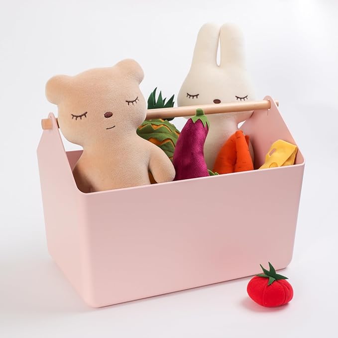 BLUE GINKGO Large Storage Basket – Plastic Caddy with Wooden Handle for Bathroom, Pantry, or Cleaning Supplies (Pink)-NeatNest