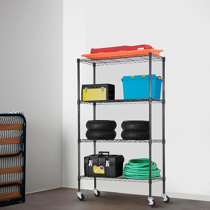 4-Tier Adjustable Shelf Shelving Unit Shelves Shelf Heavy Duty Storage Steel Organizer Wire Rack (1400 lbs Loading Capacity) with Wheels Multi-Function Easy Assembly,Black