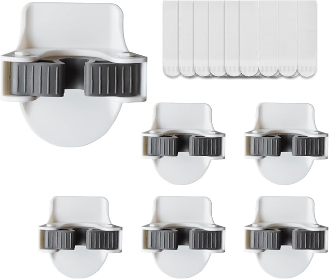 JELLYSUB Broom and Mop Grippers, 6 Broom Holders, 24 Removable Adhesive Strips, No Tools Household Cleaning Supplies Organizer, Damage Free Broom Holder Wall Mount
