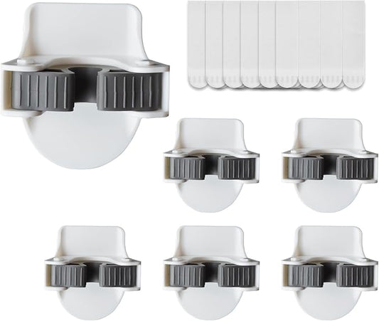 JELLYSUB Broom and Mop Grippers, 6 Broom Holders, 24 Removable Adhesive Strips, No Tools Household Cleaning Supplies Organizer, Damage Free Broom Holder Wall Mount