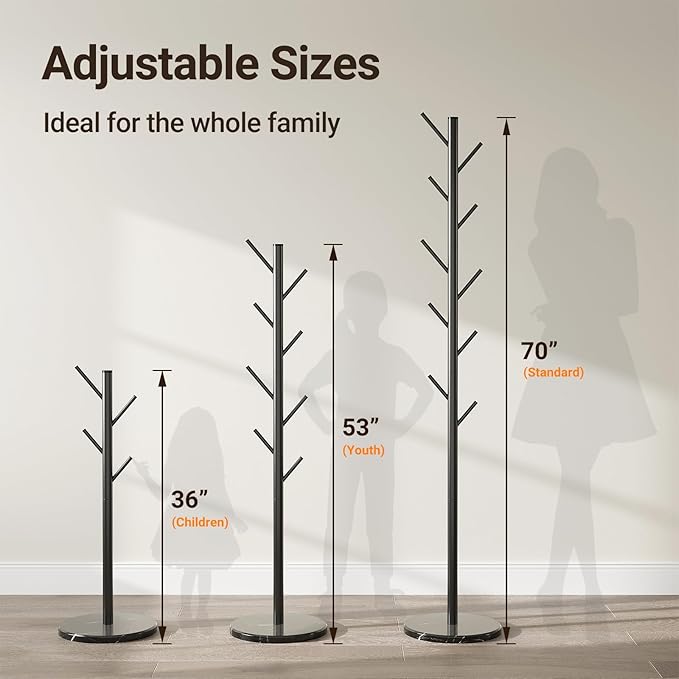ELYKEN Coat Rack Freestanding with Natural Marble Base, Metal Coat Rack Stand with 10 Hooks, 3 Adjustable Size Coat Tree for Bags, Clothes, and Hats for Entryway, Bedroom, Hallway, Office, Black-NeatNest